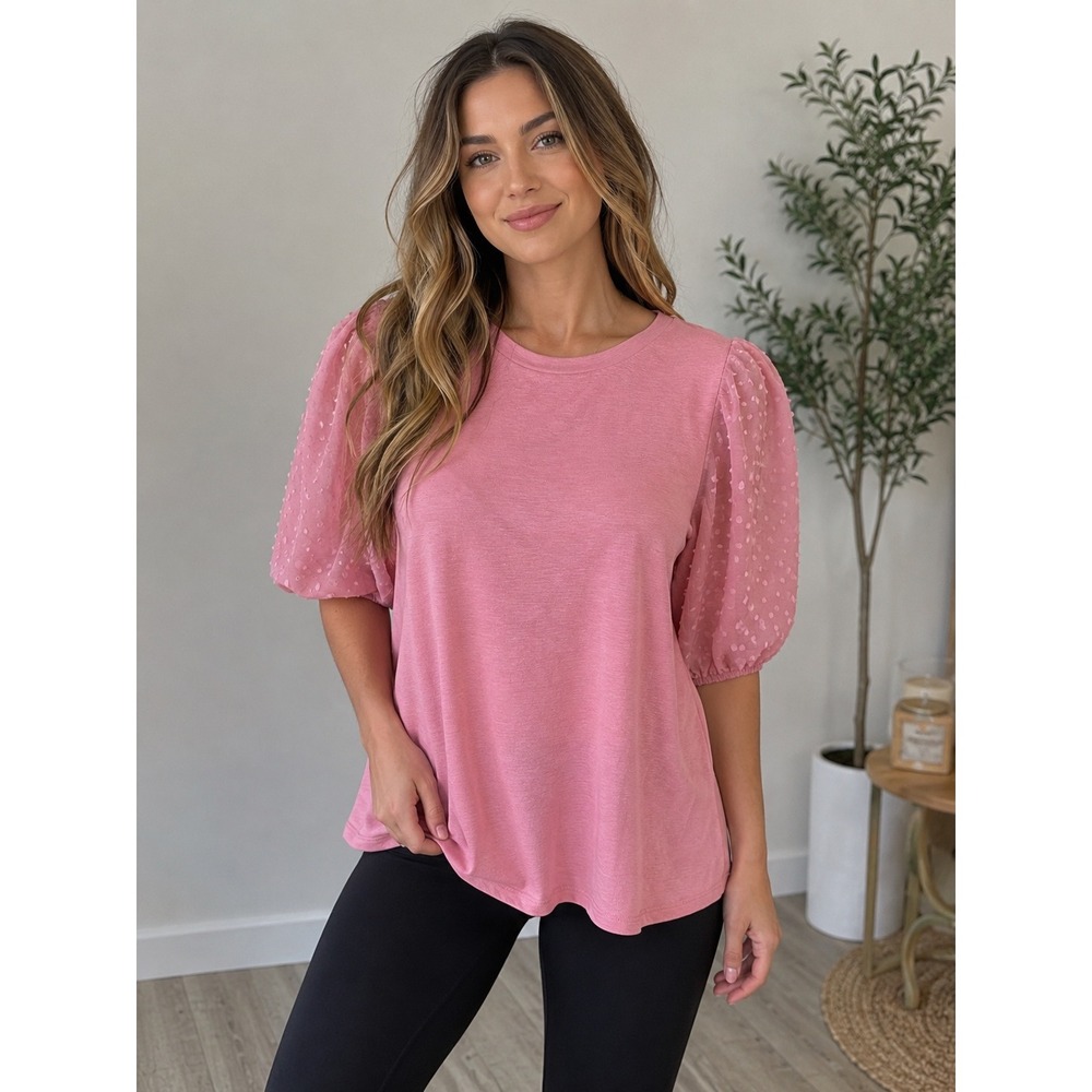 Maeve Anthropologie Pink Swiss Dot Puff Sleeve Slub‎ Knit Top Crew Neck Womens